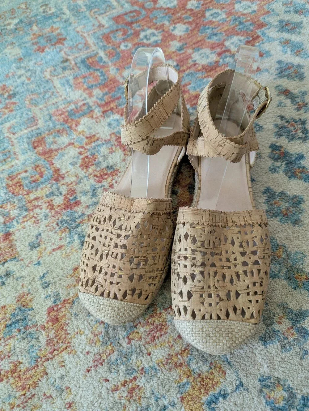 Stuart Weitzman Womens 9.5 M Ozarks Gold Fleck Cork Espadrille Flats Ankle Strap